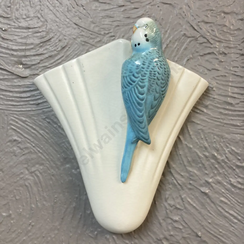 Art Deco SylvaC Blue Budgerigar Wall Pocket Vase c1930s. Impressed Sylvac 1956. 19 x 21cm Image 1++